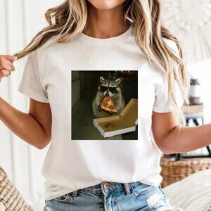 Funny Raccoon Eating Pizza T-Shirt - Cool Sunglasses Animal Meme Unisex Tee Top